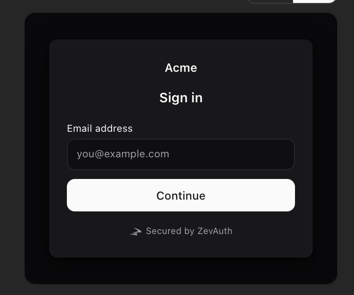 The ZevAuth React sign-in component rendered inside an example application