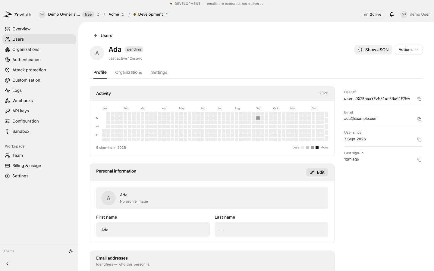 A user detail page in the ZevAuth console showing active sessions with their device and location