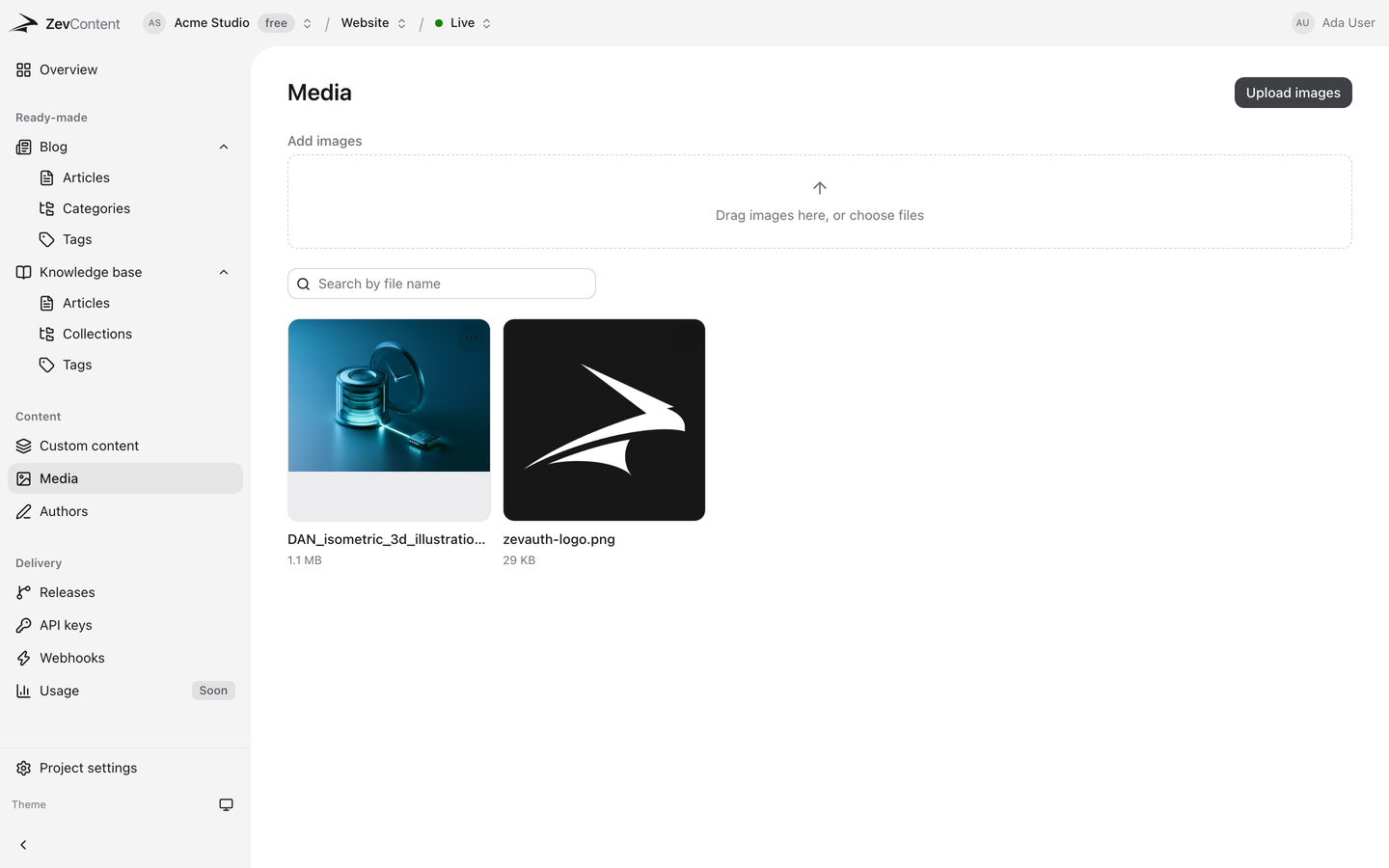 The media library in ZevContent showing uploaded images in a grid