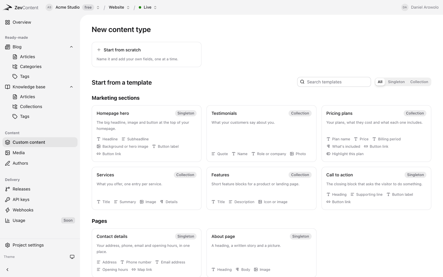 The new content type screen in ZevContent, showing ready-made templates for a homepage hero, testimonials, pricing plans, services, features and a call to action