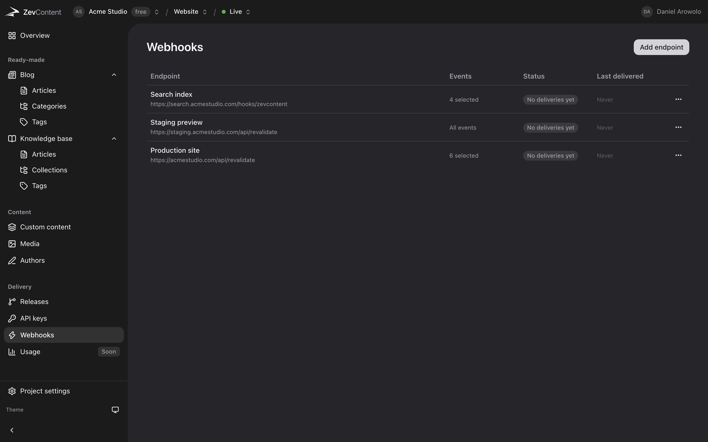 Webhook endpoints in ZevContent with their recent deliveries and response codes