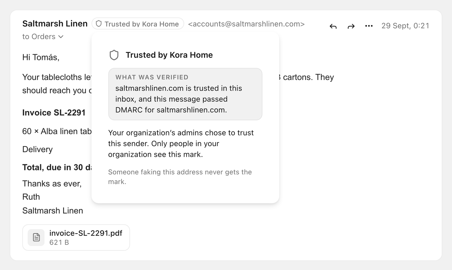 A conversation from a sender the team trusts, with its verified mark.