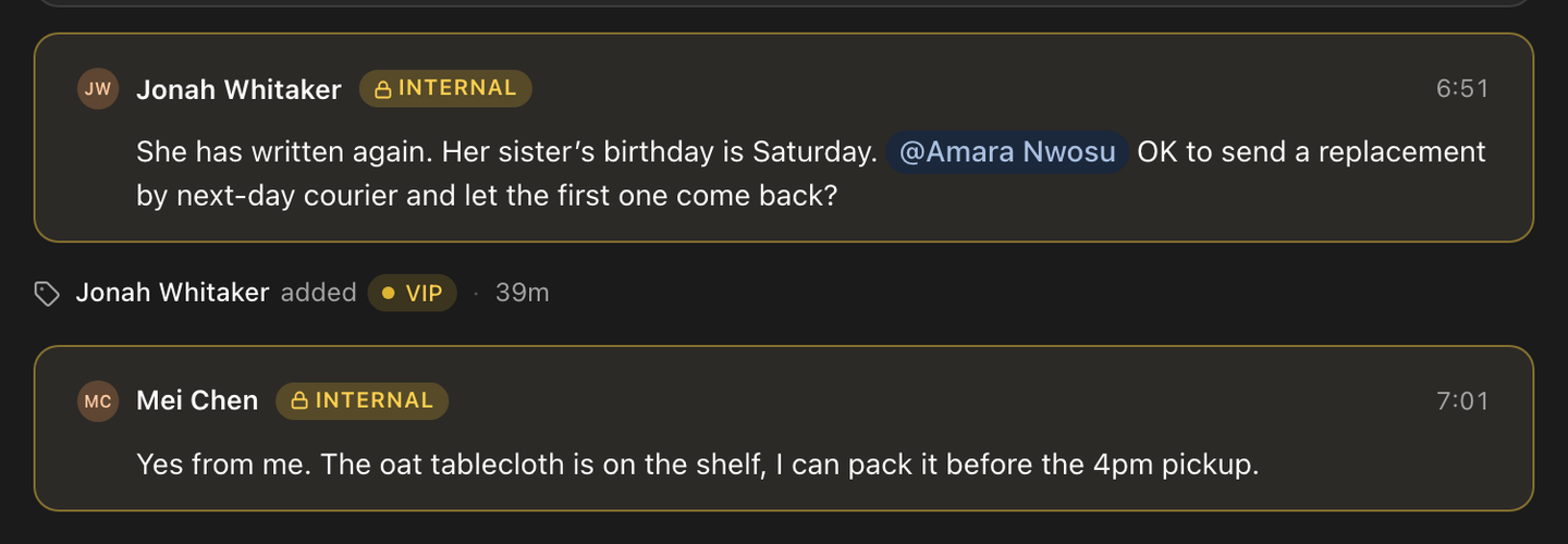 An internal note in a conversation thread, with a teammate mentioned.