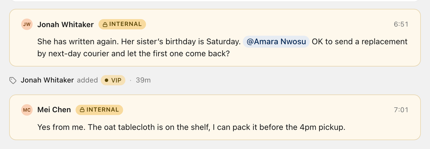 An internal note in a conversation thread, with a teammate mentioned.