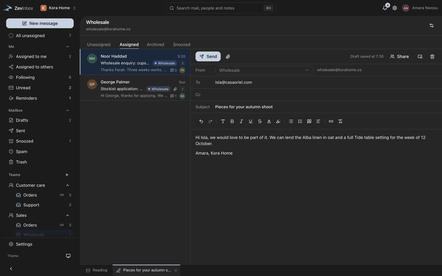 Drafts open as tabs beside the conversation list.