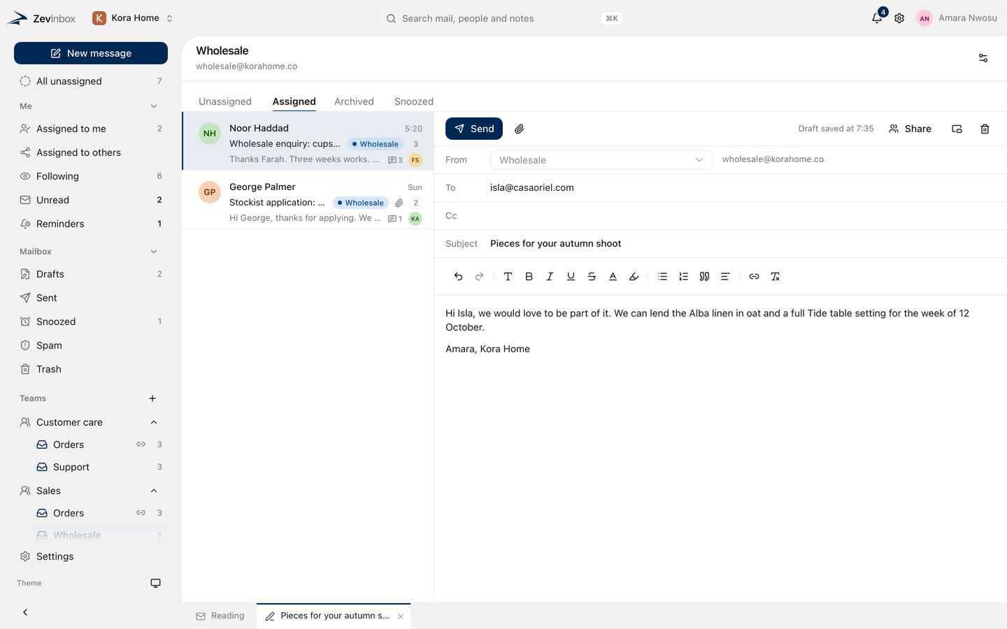 Drafts open as tabs beside the conversation list.