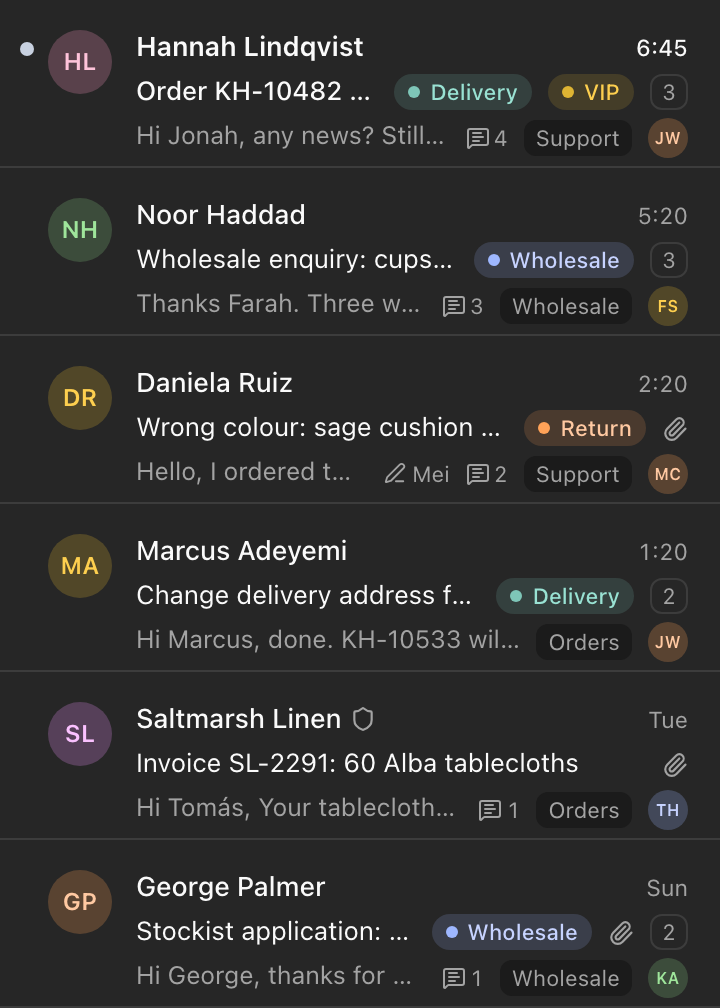 A list of conversations with coloured tags, the inbox name and the owner initials on each row.