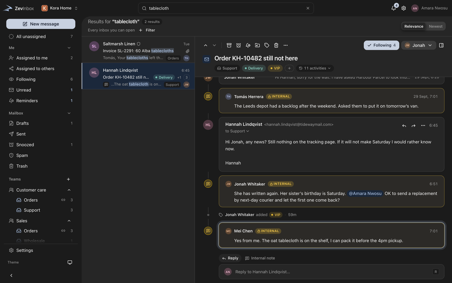 Search results in the conversation list, with the matching words highlighted and filter chips above.