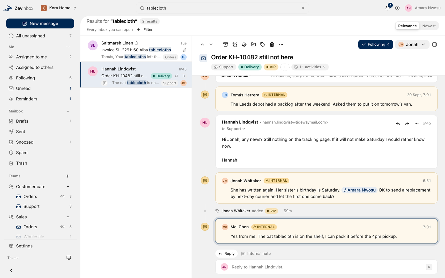 Search results in the conversation list, with the matching words highlighted and filter chips above.