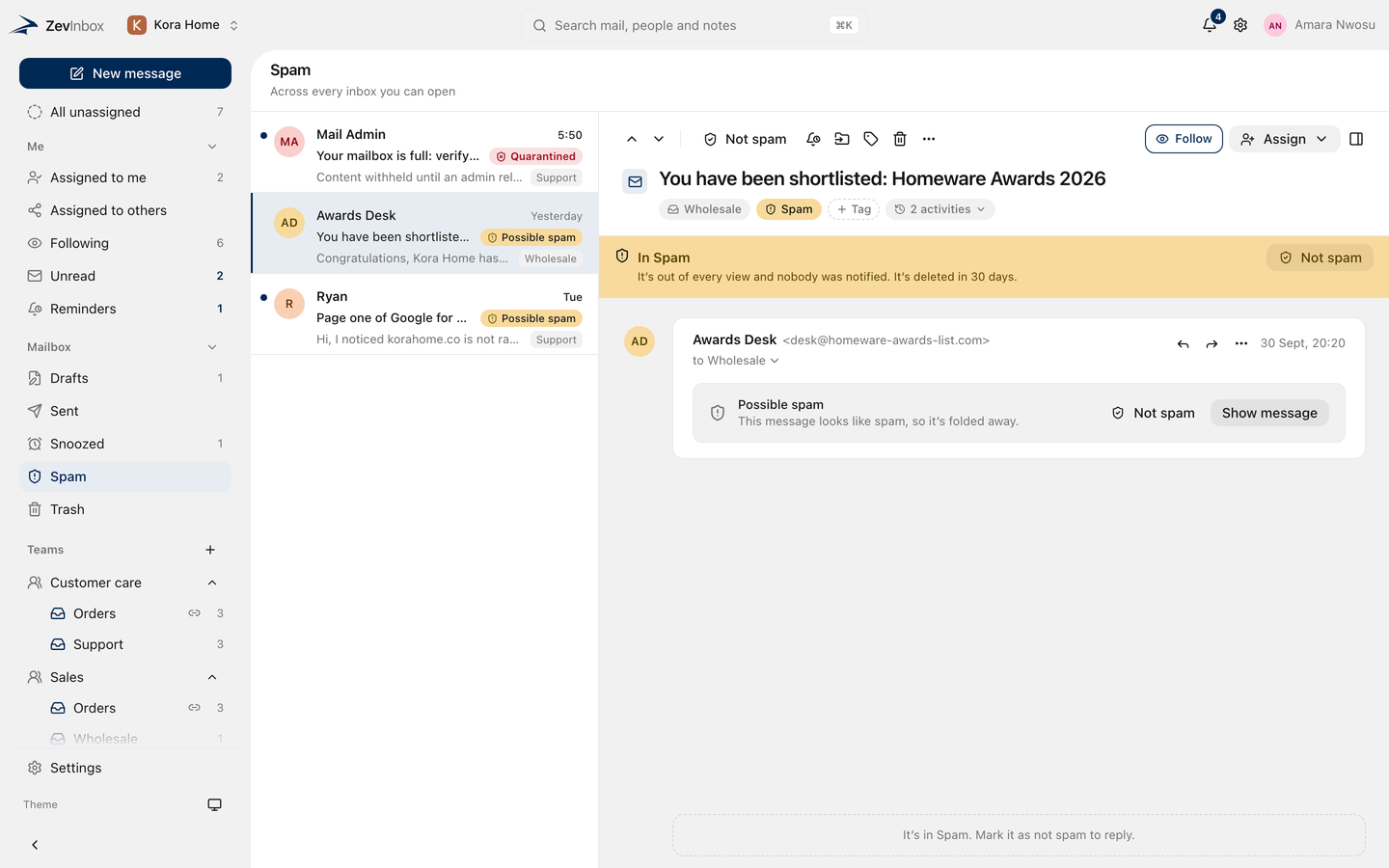 The Spam folder, with possible spam and possible phishing folded away from the inbox.