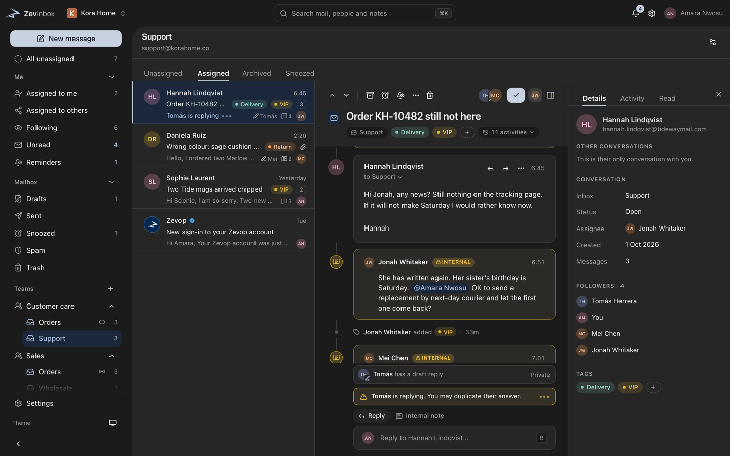 The ZevInbox workspace: the sidebar with views, teams and inboxes, a list of conversations, and an open conversation with its timeline.